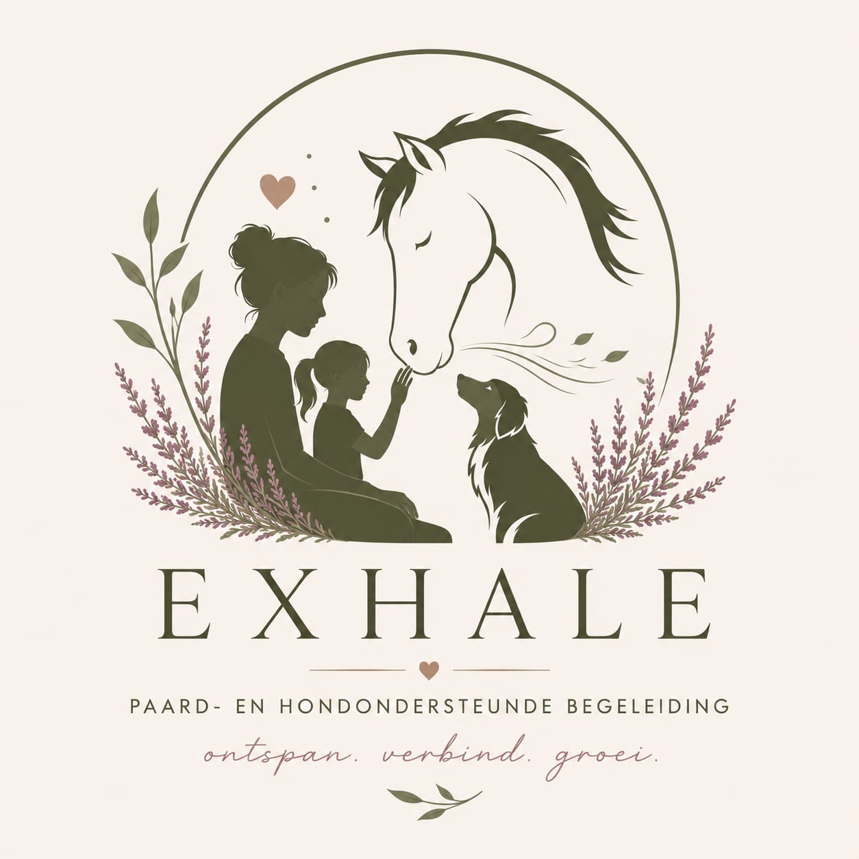 Logo van Exhale Iris van Giel: een moeder en kind die een paard aanraken, met een hond ernaast en zachte takjes eromheen.